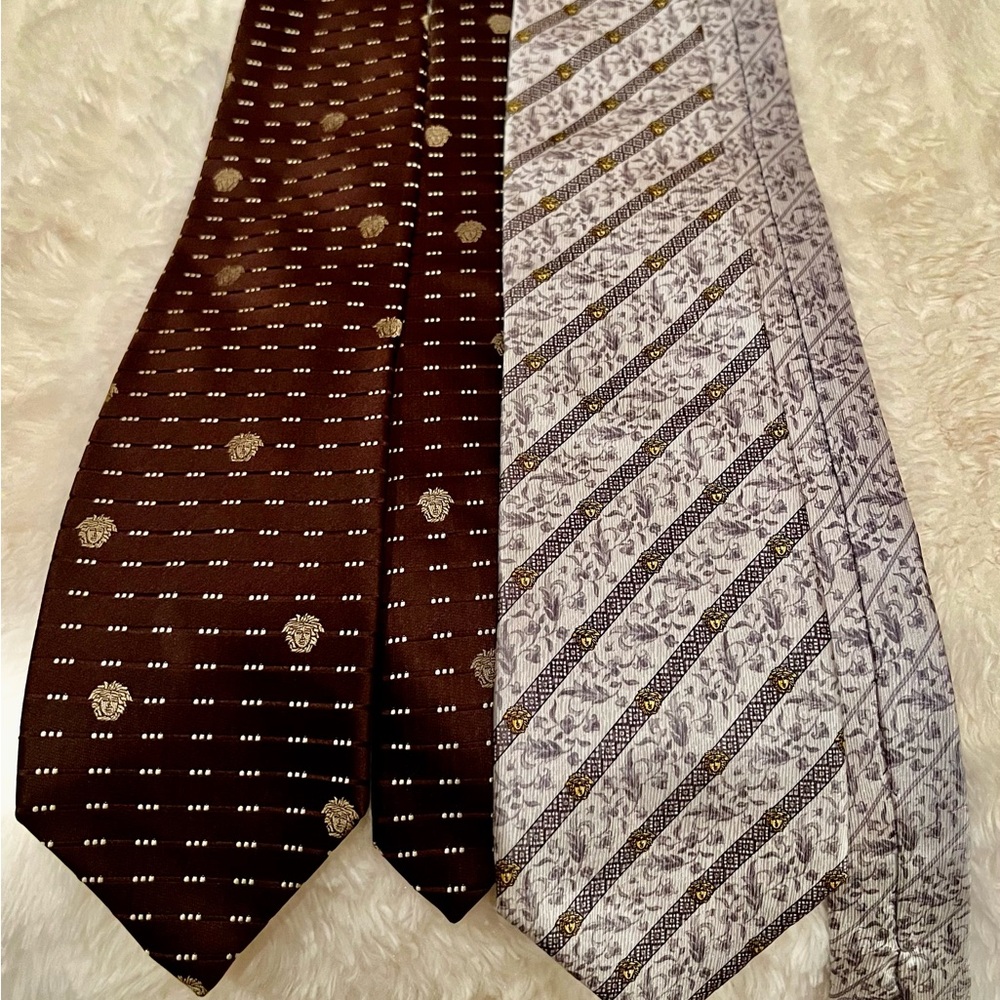 Versace Brown And Gray Patterned Ties Medusa Head… - image 1